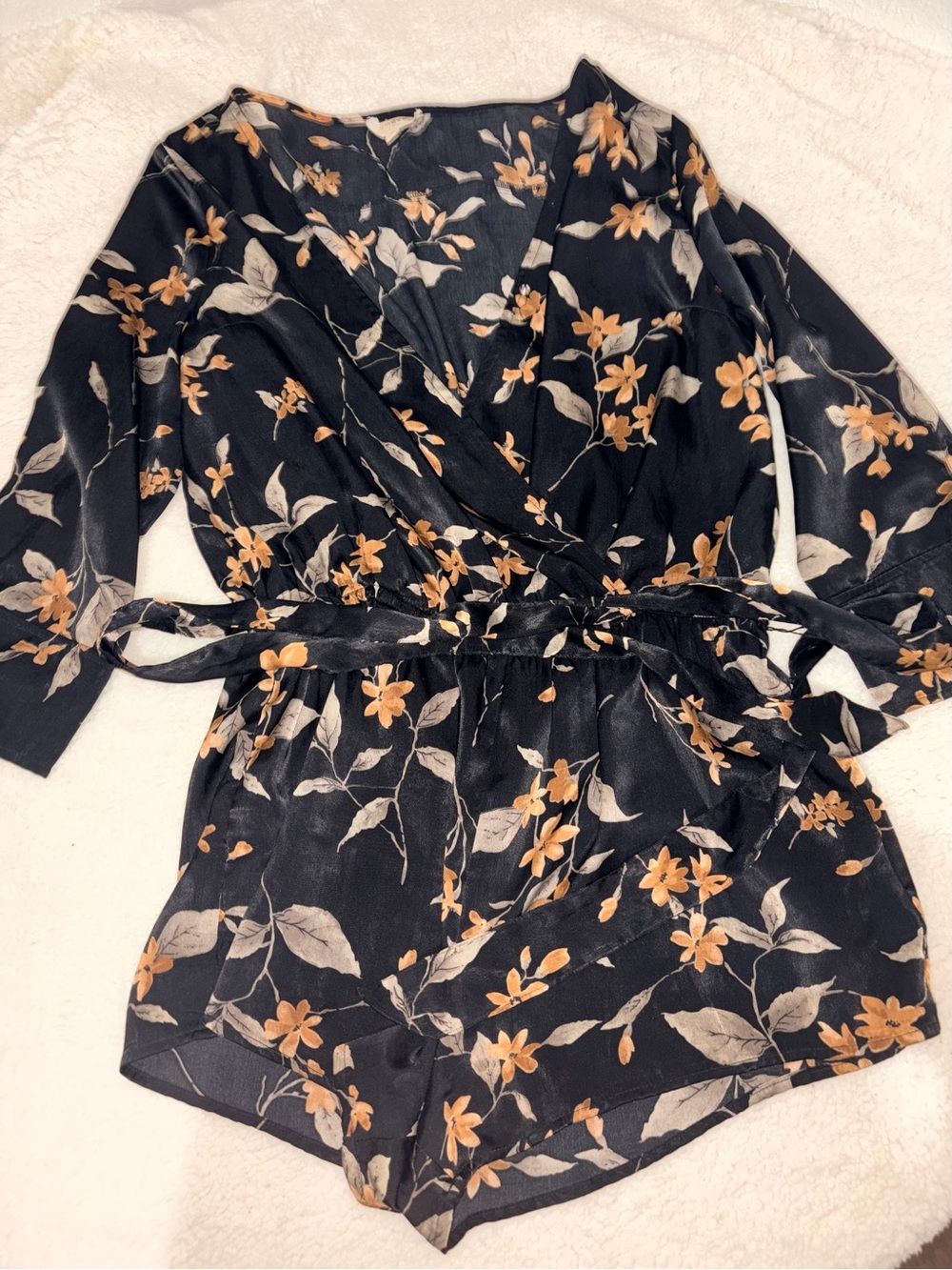Umgee Black Floral Wrap Romper with Cream and Mustard Flowers